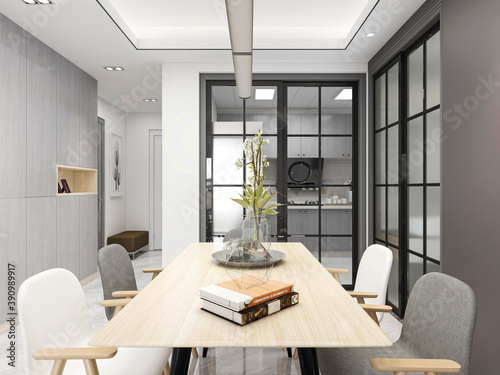Clean and tidy dining room has wooden table and chair, very neat and clean