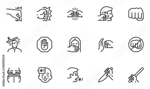 Set of Violence Vector Line Icons. Domestic Abuse, Child Abuse, Victim of Violence. Fight, Hit, Assault. Editable Stroke. 48x48 Pixel Perfect. photo