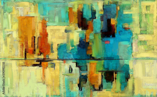 Colorful abstract oil painting. Vibrant rectangles, artwork in contemporary style. Textured brush strokes, modern art on teal and yellow background with dark accents