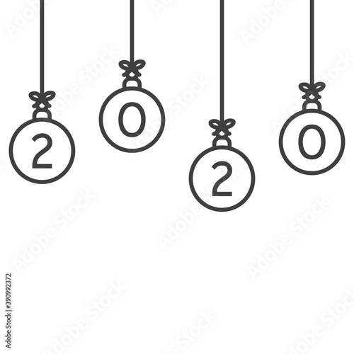 Feliz navidad. Logotipo lineal con año 2020 en bolas de navidad colgadas en color gris