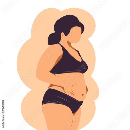 Cartoon overweight girl standing in side view ,pinch stomach,wearing black sportswear. Pregnant woman touching her belly, Cute Young female expecting a baby, vector isolated flat on brown background.