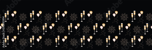 Black vector illustration. Firework, champagne, and ballons horizontal seamless pattern border background.