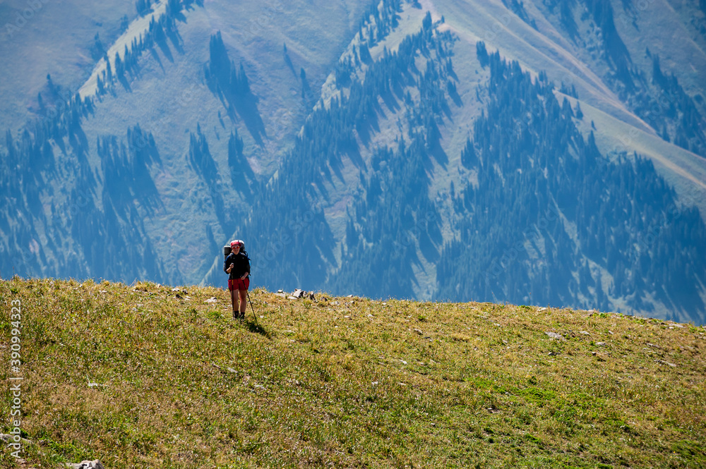 Obraz premium Female Hiker. Young woman alone trekking and backpacking in high mountains near Sary Chelek lake, Sary-Chelek Jalal Abad region, Kyrgyzstan, Trekking in Central Asia.