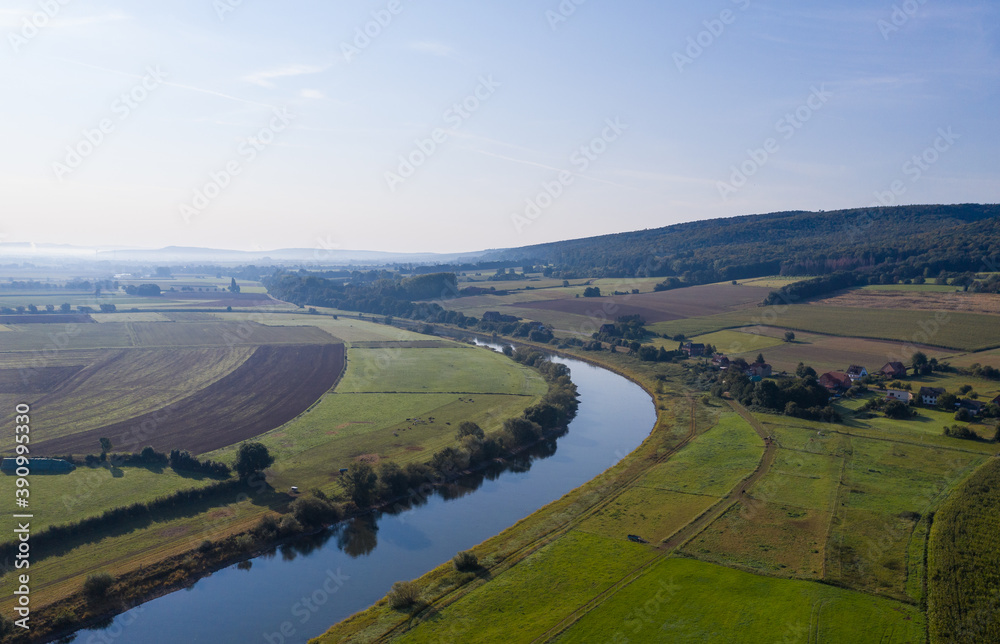 Drone panorama over river Weser and landscape in Germany