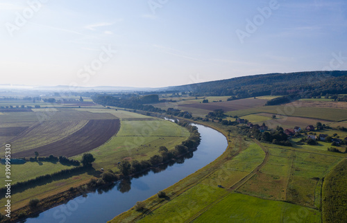 Drone panorama over river Weser and landscape in Germany