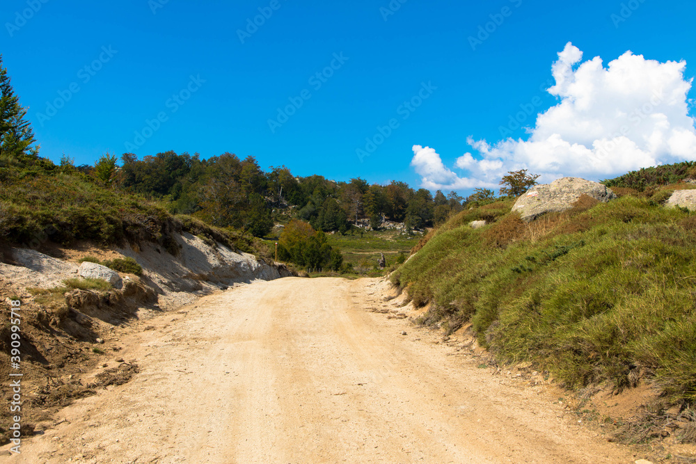 Natural landscape and hiking area of ​​the route GR 20 from the Plateau of Coscione, Corsica, France.