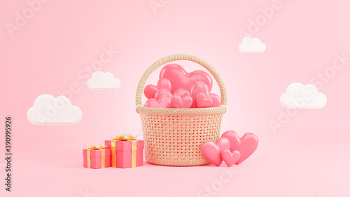 3d render of pink heart in wicker basket at valentine day