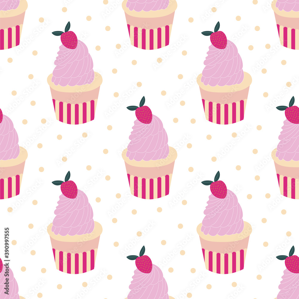 Seamless pattern of delicious cupcakes with strawberries on top on a cute polka dot background. Seamless pattern of delicious cupcakes with strawberries on top on a cute polka dot background.