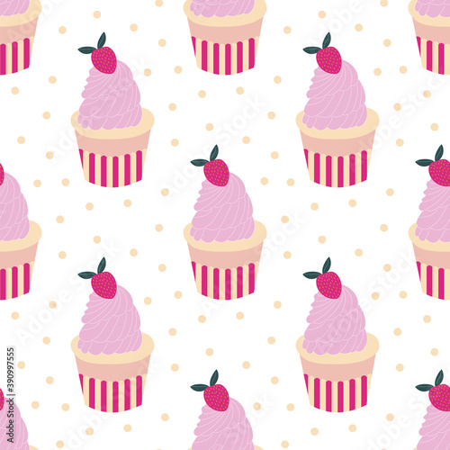 Seamless pattern of delicious cupcakes with strawberries on top on a cute polka dot background.