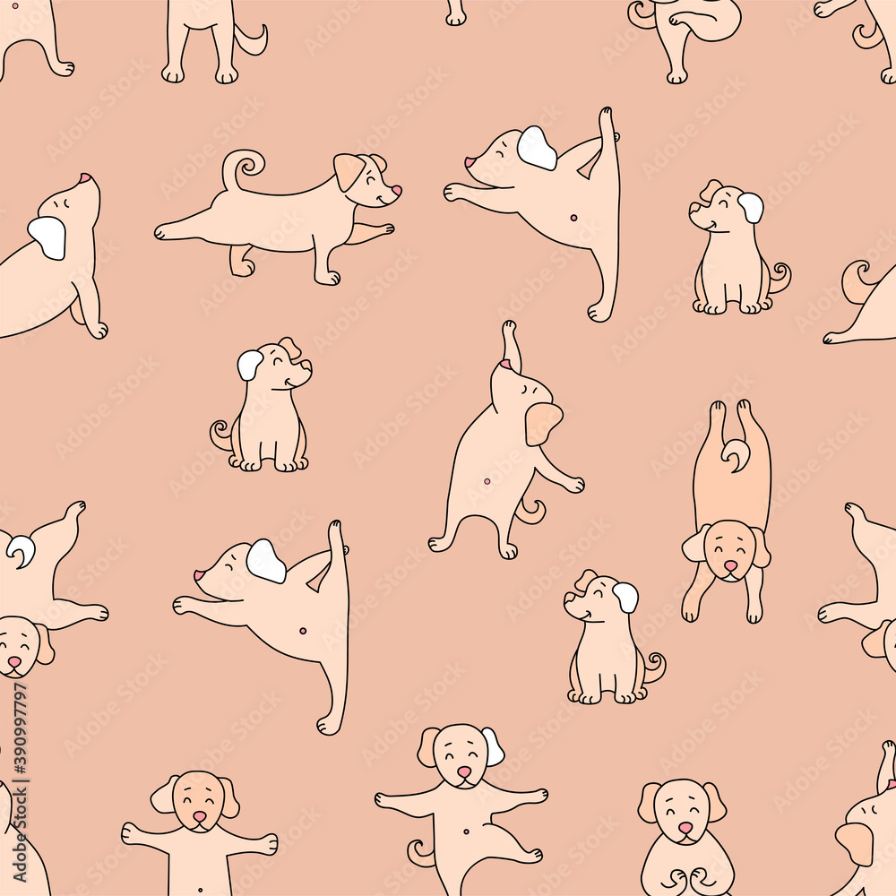 Seamless pattern. pets yoga. Dog yoga - cute puppies doing exercises and standing in asana. Vector on a Pink decorative background. For design, packaging, textiles and wallpaper