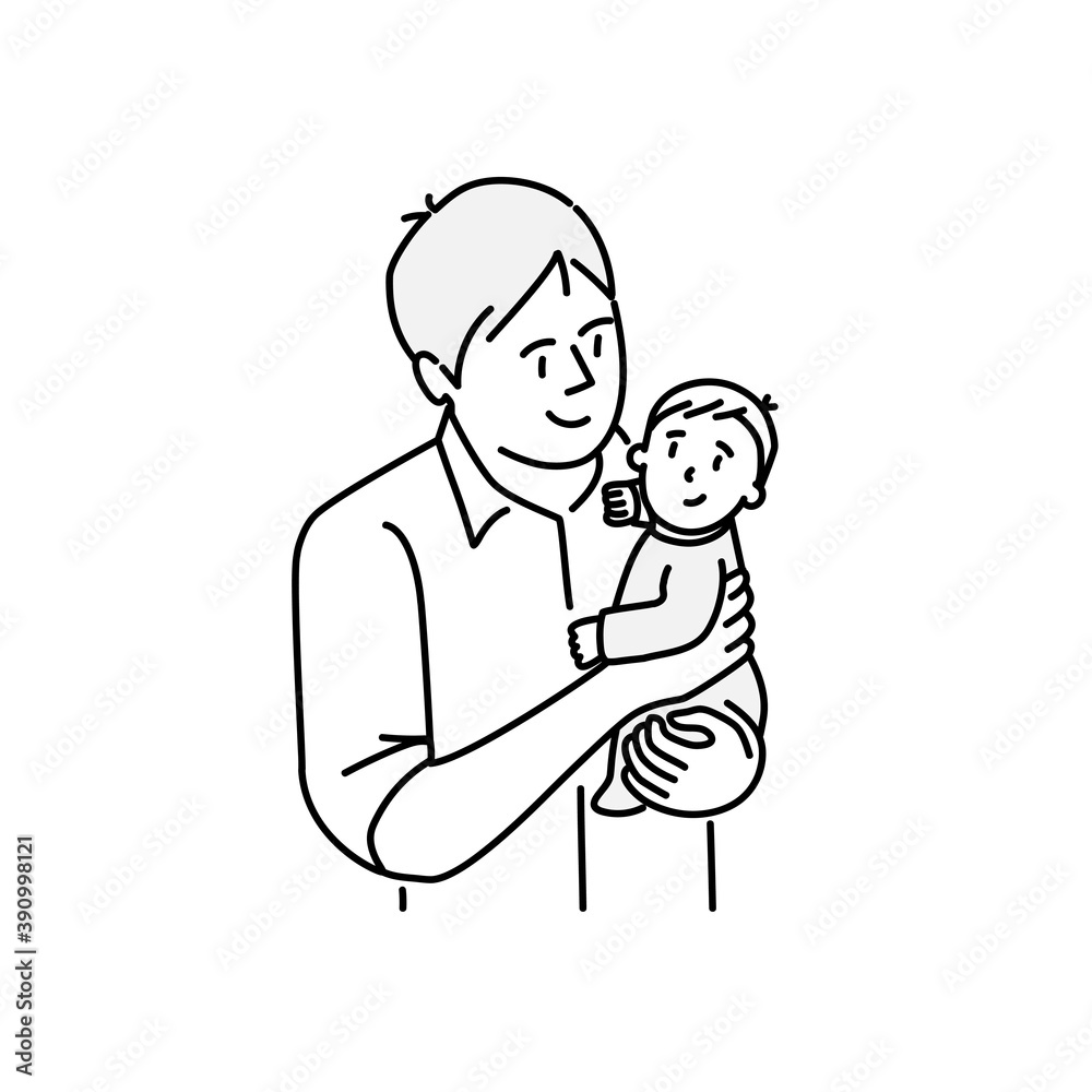 Happy father holding baby in his arms. Hand drawn vector illustration. Happy father holding baby in his arms. Hand drawn vector illustration.