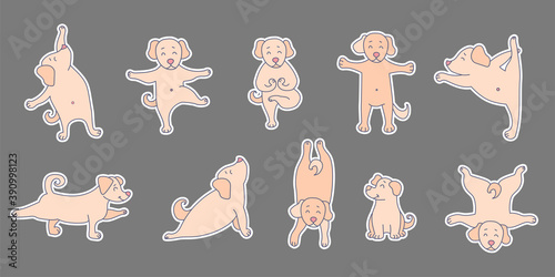 Yoga pets. Set of stickers Dog yoga. cute puppies stand up asana, meditate and play sports. Vector illustration