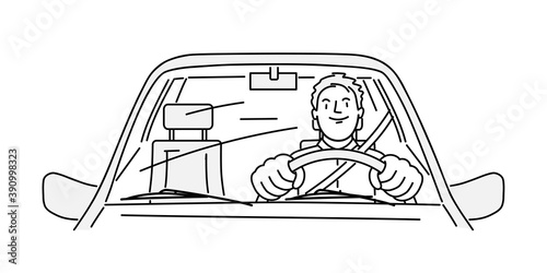 Happy man driving a car. Hand drawn vector illustration.