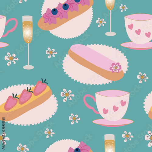 Vector of eclair pastry, champagne, and teacups on a green background. Seamless Pattern.