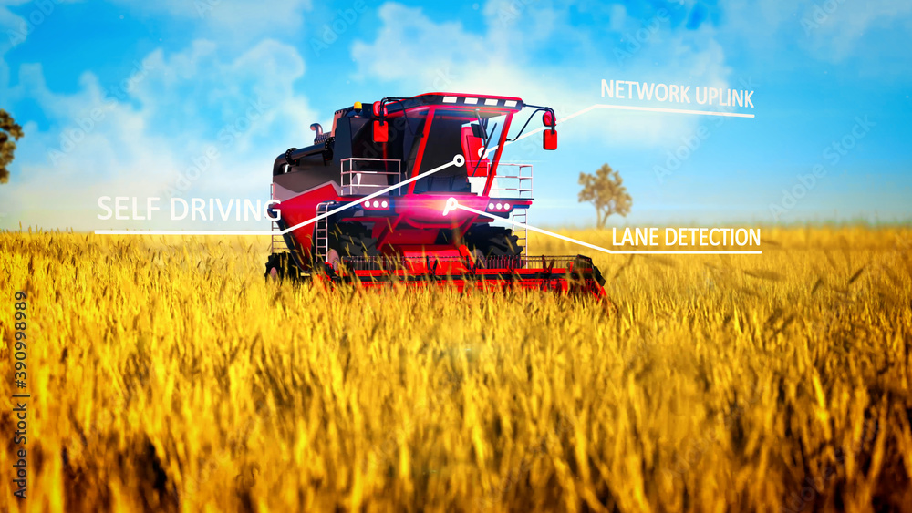 Fototapeta premium Industrial 3D illustration with digital overlays of self driving grain harvester working on the grain field