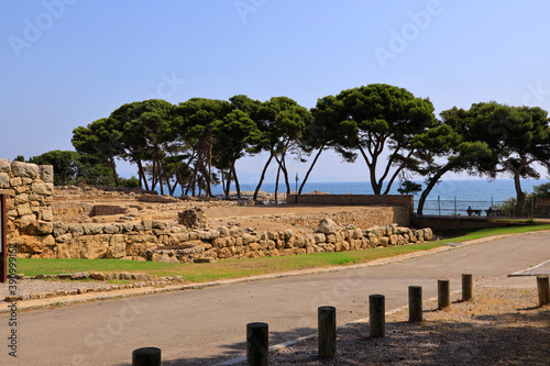 Ruines d'Ampurias en Espagne  avec des pins au bord de mer photo