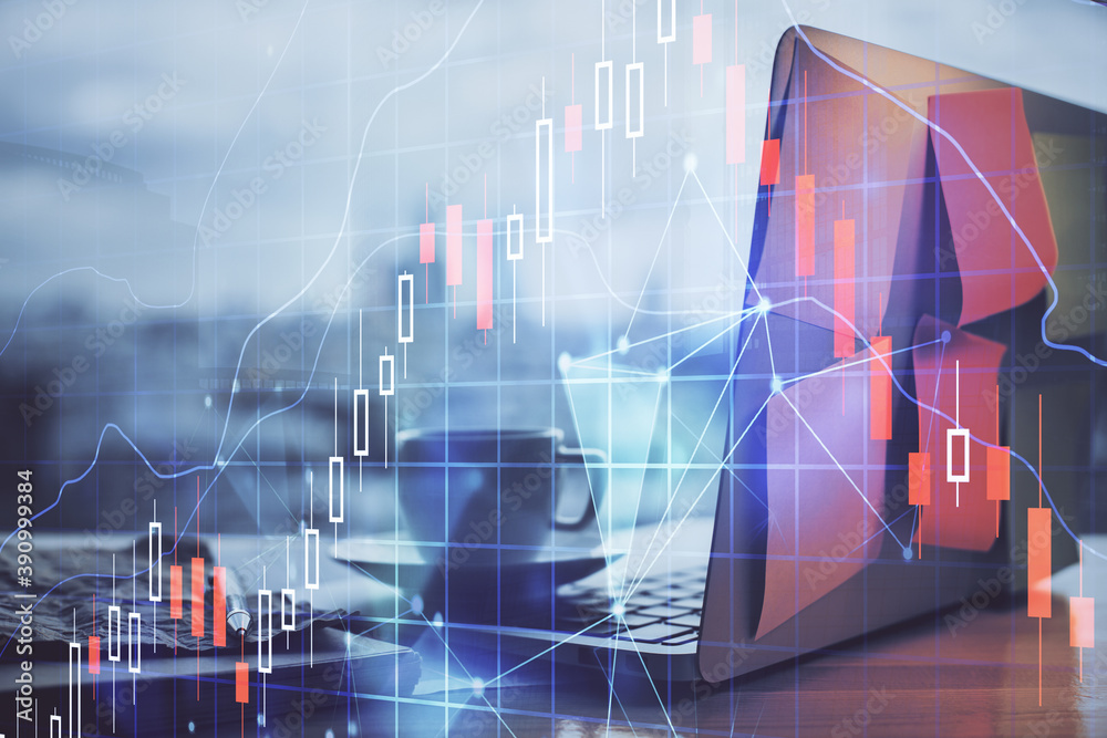 Forex market graph hologram and personal computer on background. Double exposure. Concept of investment. Forex market graph hologram and personal computer on background. Double exposure. Concept of investment.