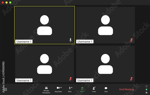 Template video conference user interface, video conference calls window overlay. Four users.