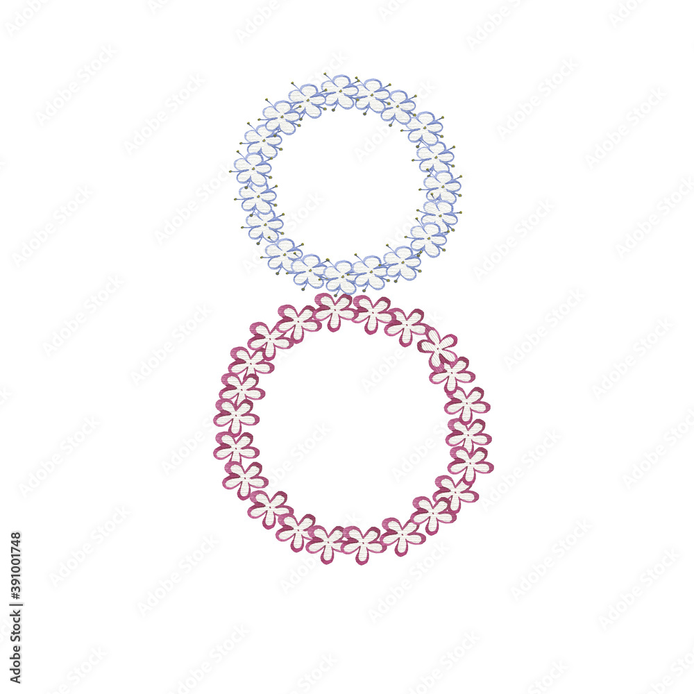 Decorative watercolor flowers on transparent background in form of two rings. International women day Congratulations on March 8, congratulations on the wedding, invitation towedding