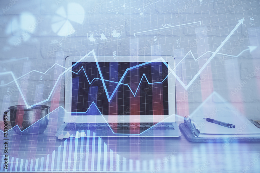 Stock market graph and table with computer background. Multi exposure. Concept of financial analysis. Stock market graph and table with computer background. Multi exposure. Concept of financial analysis.