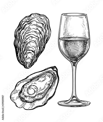 Ink sketch of wineglass and oysters.