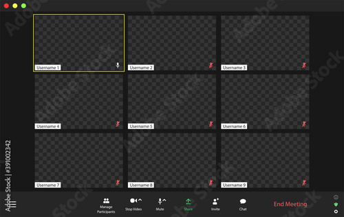 Template video conference user interface, video conference calls window overlay.Nine users.
