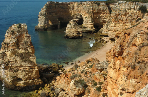 Typical, rocky sandstone rocks on the Algarve coast in Portugal