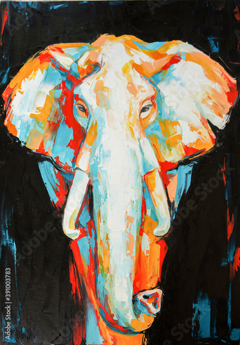 Fototapeta Naklejka Na Ścianę i Meble -  Oil elephant portrait painting in multicolored tones. Conceptual abstract painting of a elephant on the black background on canvas. 