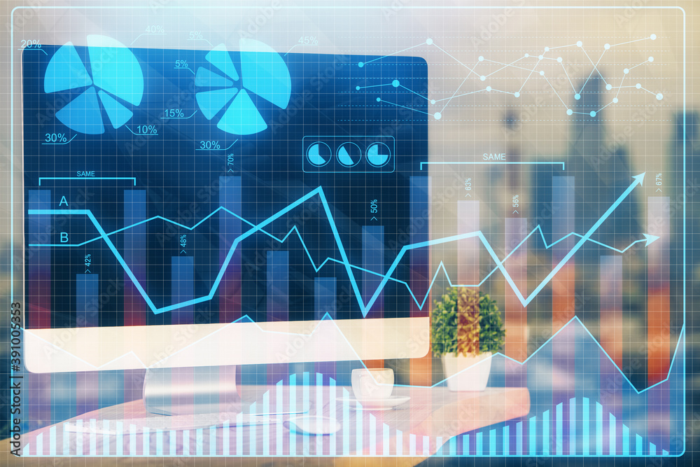 Double exposure of forex chart and work space with computer. Concept of international online trading. Double exposure of forex chart and work space with computer. Concept of international online trading.