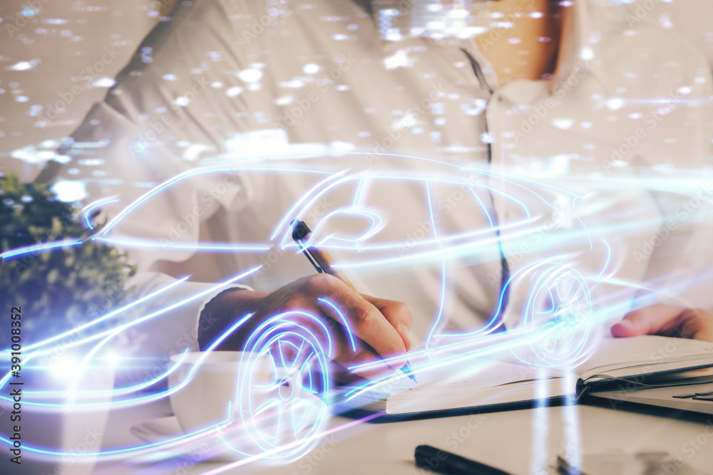 Naklejka premium Human hands background and autonomous self drive pilot vehicle concept. Multi exposure.