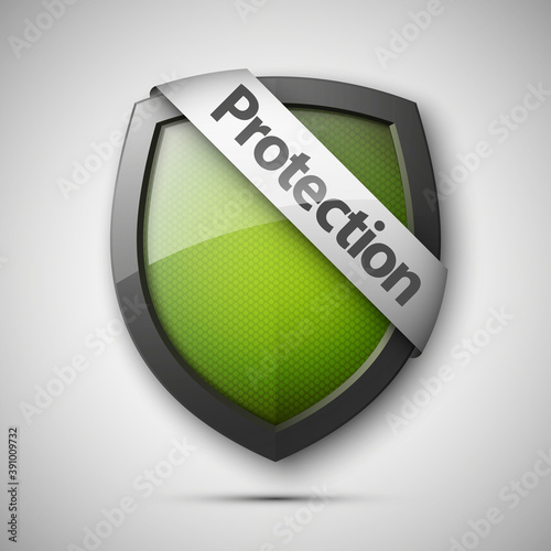 Protection ribbon shield concept with banner. Safety badge icon. Privacy banner tape. Security band protected label. Defense tag. Presentation sticker shape. Defense sign illustration