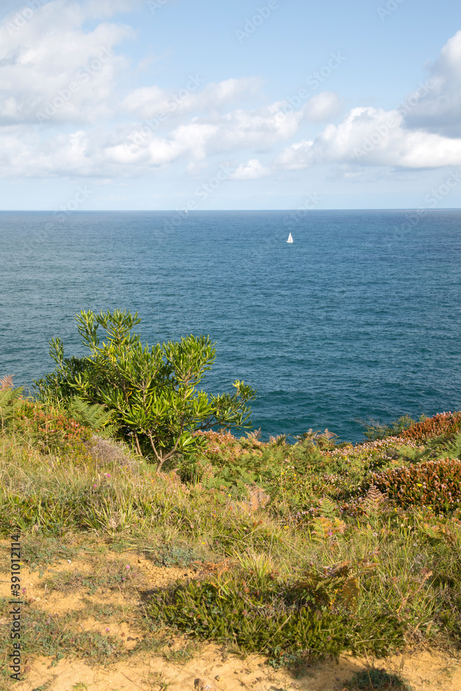 Sailing Boat from Cliffs in Loredo; Santander Sailing Boat from Cliffs in Loredo; Santander