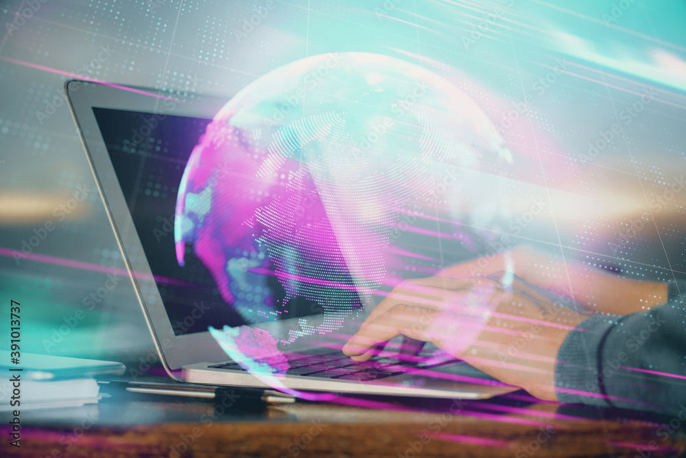 Technology theme hologram with man working on computer on background. High tech concept. Double exposure. Technology theme hologram with man working on computer on background. High tech concept. Double exposure.