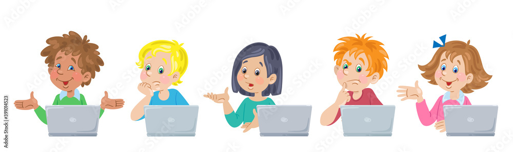 Online education for kids. Children of different nationalities with their laptops. Various emotions. In cartoon style. Isolated on white background. Vector flat illustration. Online education for kids. Children of different nationalities with their laptops. Various emotions. In cartoon style. Isolated on white background. Vector flat illustration.