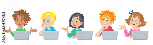 Online education for kids. Children of different nationalities with their laptops. Various emotions. In cartoon style. Isolated on white background. Vector flat illustration.