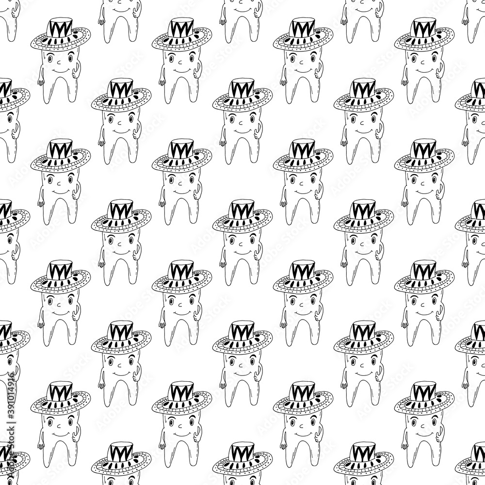 Funny toothbrush character in a cowboy hat seamless pattern. Hand drawing illustration for dentists. Black outline vector art.