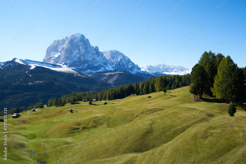 Fototapeta premium Beautiful langkofel mountain in the dolomites seen from the seceda alm with the first snow white and blue sky