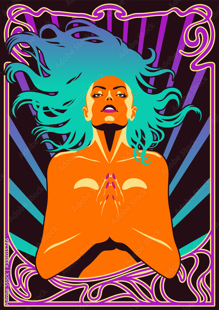 Vektorová grafika „Sexy Beauty Psychedelic Poster 1960s, 1970s Rock Music  Album Covers Style, Art Nouveau Frame, Psychedelic Colors“ ze služby Stock  | Adobe Stock