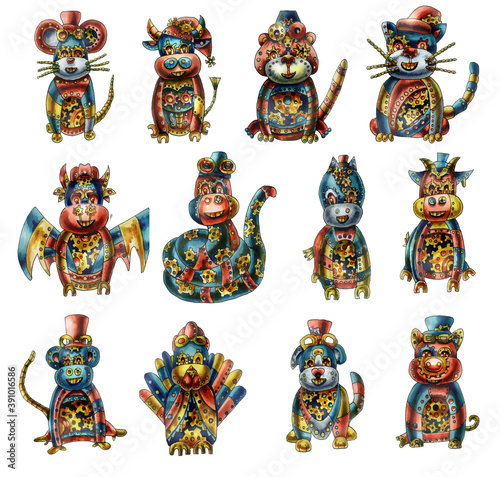 Pattern of 12 animals of the Eastern horoscope. Set of 12 metal animals in steampunk style Chinese new year symbols isolated on white background. Watercolor illustration of the symbols of the year.