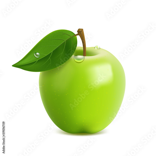 Realistic green apple with leaf and drops, on white background, sweet fruit, healthy food.