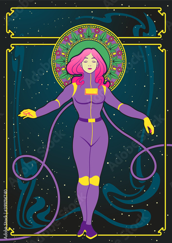 Woman Astronaut in Outer Space Psychedelic Art Style Poster, Art Nouveau Frame