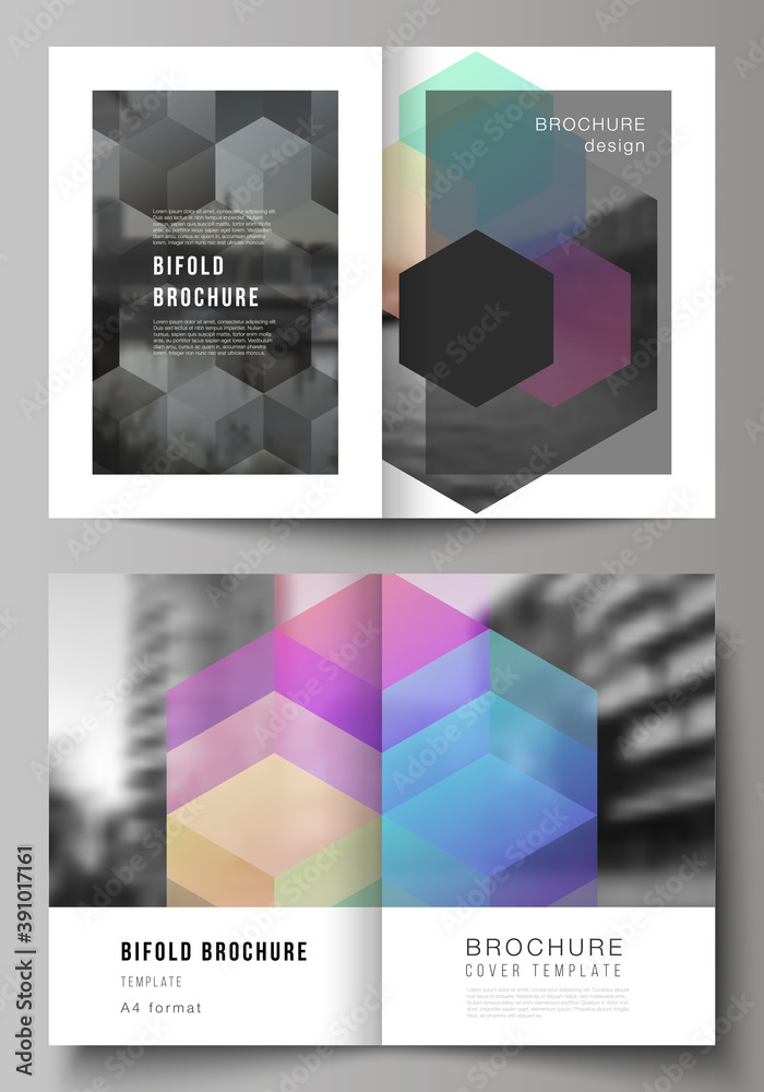Vector layout of two A4 format cover mockups design templates with colorful hexagons, geometric shapes, tech background for bifold brochure, flyer, magazine, cover design, book design, brochure cover. - obrazy, fototapety, plakaty 