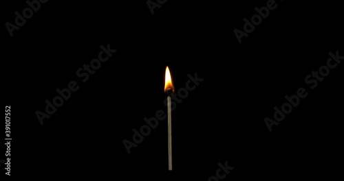 Full body shot of Match burning and combusting on black background. The match lights up, burns, and goes out. Burning matchstick lights and then blown out.