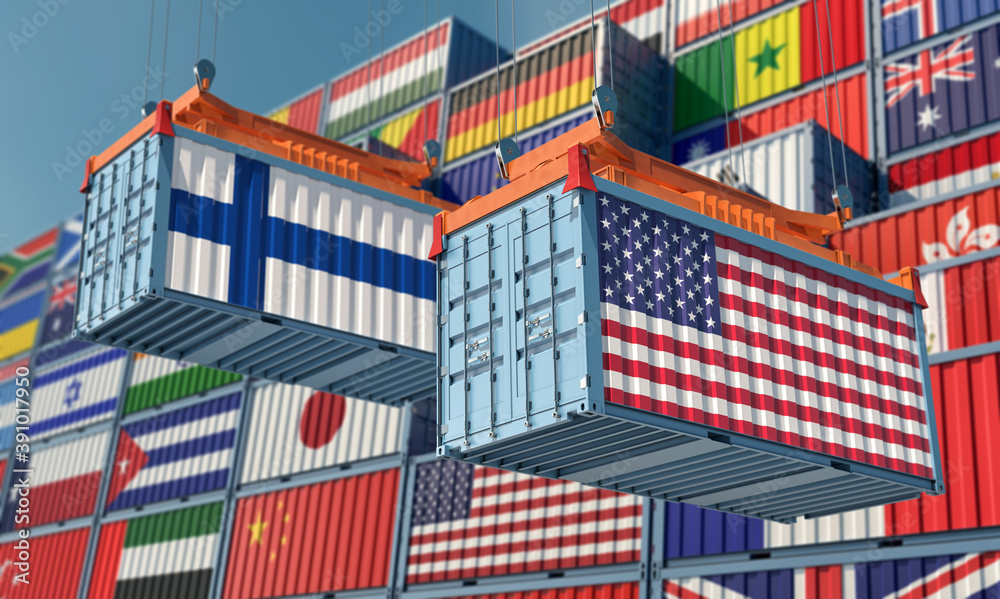 Freight containers with Finland and USA national flags. 3D Rendering