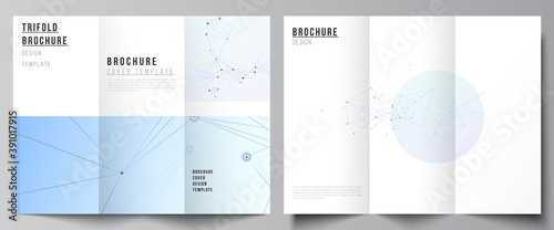 Vector layouts of covers design templates for trifold brochure, flyer layout, magazine, book design, brochure cover, advertising mockups. Blue medical background with connecting lines and dots, plexus