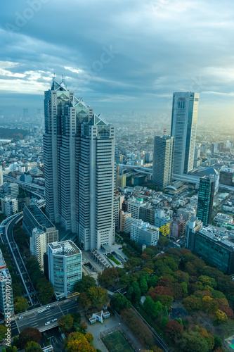 東京都新宿区西新宿にある東京都庁から見た夕方の東京の都市景観