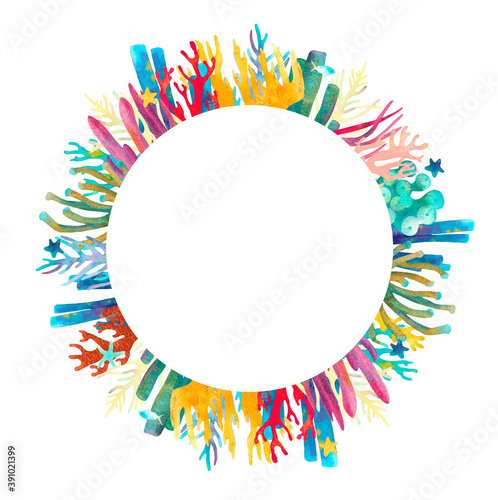 Canvas Print Coral reef watercolor illustration round frame