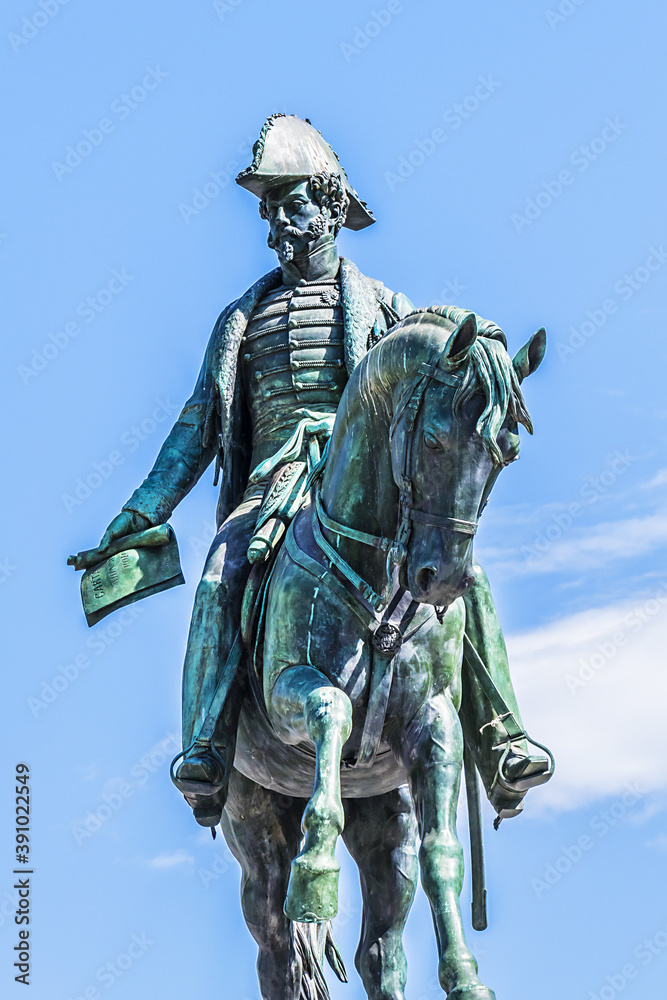 Bronze Equestrian Statue of king Dom Pedro IV (1866) at Praca da Liberdade (Freedom Square) in Avenida dos Aliados (Avenue of the Allies) in Porto downtown. Portugal.