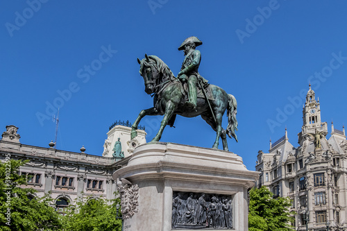 Bronze Equestrian Statue of king Dom Pedro IV (1866) at Praca da Liberdade (Freedom Square) in Avenida dos Aliados (Avenue of the Allies) in Porto downtown. Portugal.