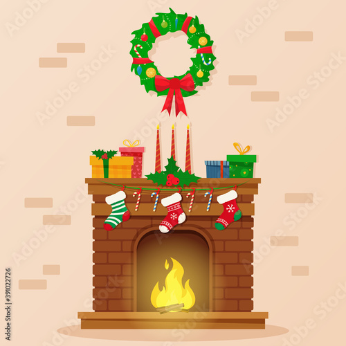 Christmas fireplace with gifts, socks and candles. Flat style vector illustration.